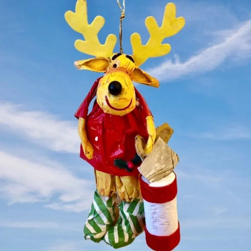 Vintage Christmas Ornament Paper Mache Moose in Dress Shopping Bag 5